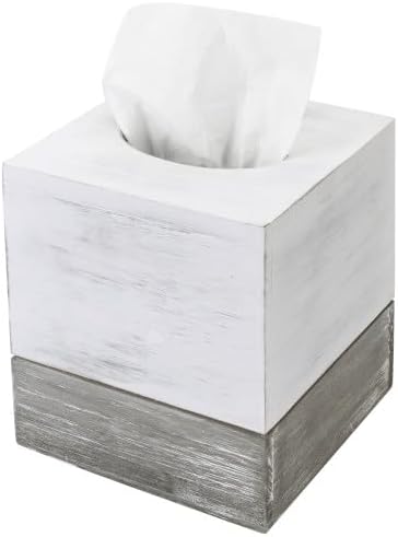 MyGift Tissue Box Cover Square Vintage White and Distressed Gray Wood Bathroom by MyGiftHome