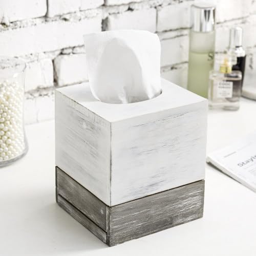 MyGift Tissue Box Cover Square Vintage White and Distressed Gray Wood Bathroom - Image 2