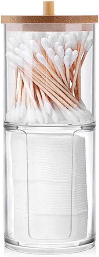 Qtip Holder Dispenser with Cotton Pads Jar Set Bamboo Lid Stackable Bathroom by JanFeel