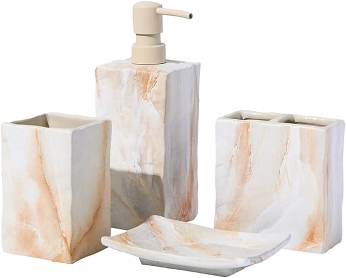 Bathroom Accessories Set 4 Pcs Marble Look Sets Toothbrush Holder Soap by RQYIXI