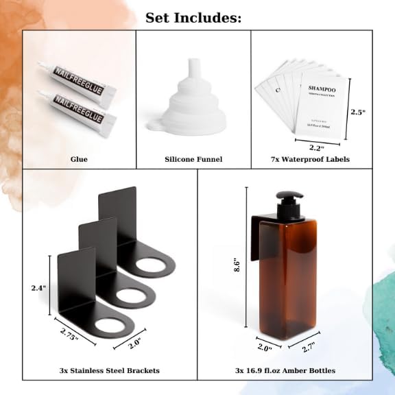Shampoo and Conditioner Dispenser | 3 Plastic Amber 3 Wall Mount Black | - Image 5