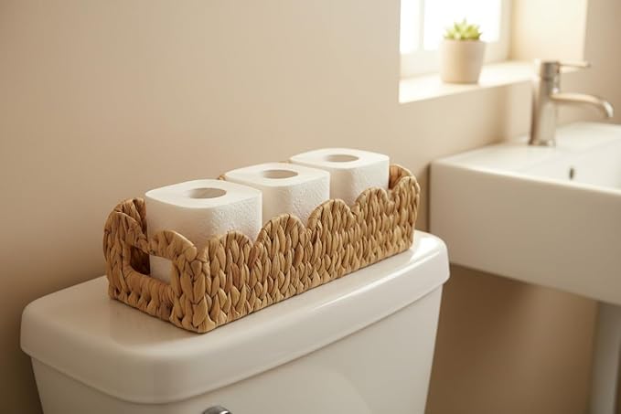 Toilet Tank Basket for Bathroom, Scalloped Edge Wicker Basket for Toilet Paper - Image 2