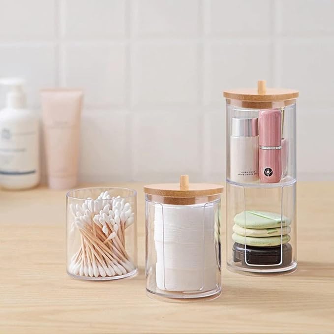 Qtip Holder Dispenser with Cotton Pads Jar Set Bamboo Lid Stackable Bathroom - Image 5