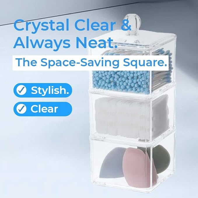 Stackable Square Acrylic Cotton Ball Holder Q-tip Holder Bathroom Swab Dispenser - Image 3