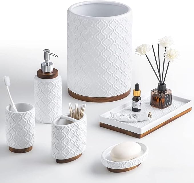 Bathroom Accessories Set 6 Pcs Ceramic Wooden Bathroom Set - Image 2