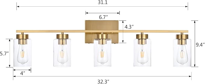 5 Light Bathroom Vanity Light Fixtures, Brushed Brass Modern Wall Lights - Image 3