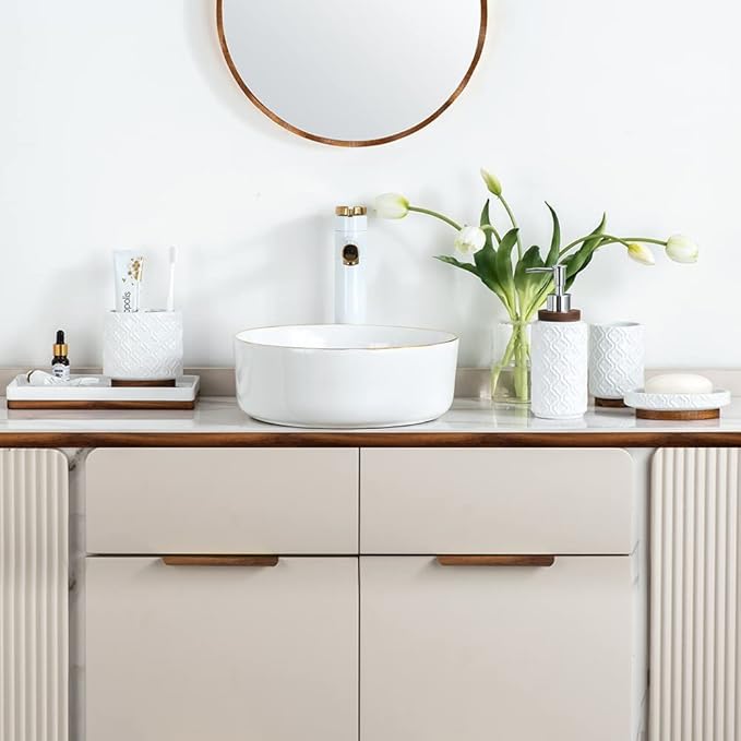 Elegant Bathroom Accessories Set 6 PCS Ceramic and Wood Bathroom Accessory Set - Image 5