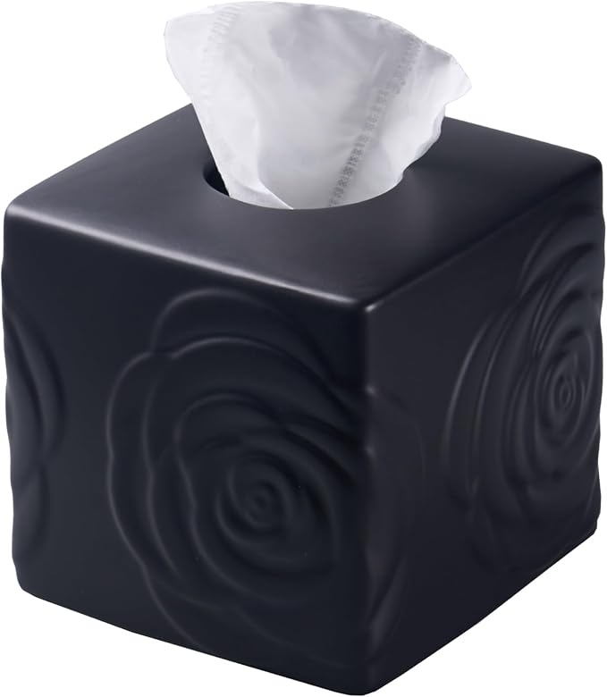 Black Ceramic Rose Tissue Box Cover, Carved Flowers Large Square Tissue Box by EtooCafe