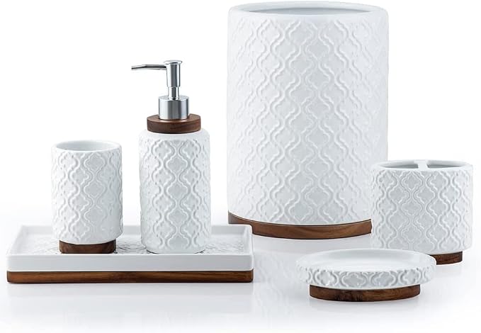 Elegant Bathroom Accessories Set 6 PCS Ceramic and Wood Bathroom Accessory Set - Image 2