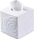 White Ceramic Rose Tissue Box Cover, Carved Flowers Large Square Tissue Box by EtooCafe