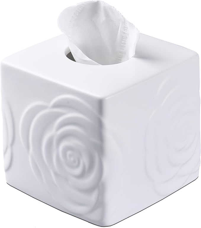 White Ceramic Rose Tissue Box Cover, Carved Flowers Large Square Tissue Box by EtooCafe