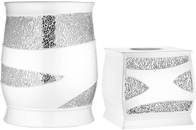 Zahari Home 2pc Sinatra White Modern Bath Accessories Set Waste Basket & Tissue by ZahariHome