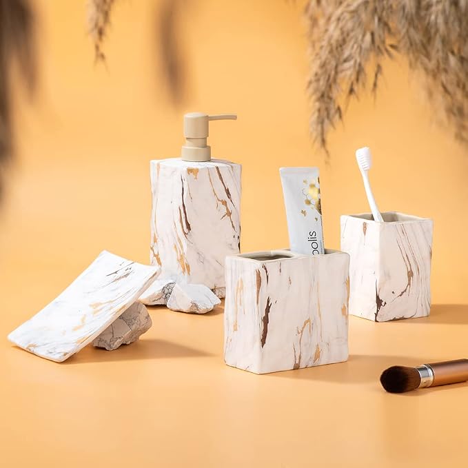 Bathroom Accessories Set 4 Pcs Marble Look Sets Toothbrush Holder Soap - Image 8