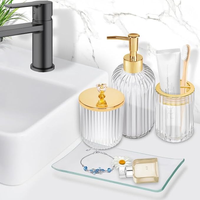 Gold Bathroom Accessories 4Pcs of Glass Bathroom Counter Organizer Set - Image 6