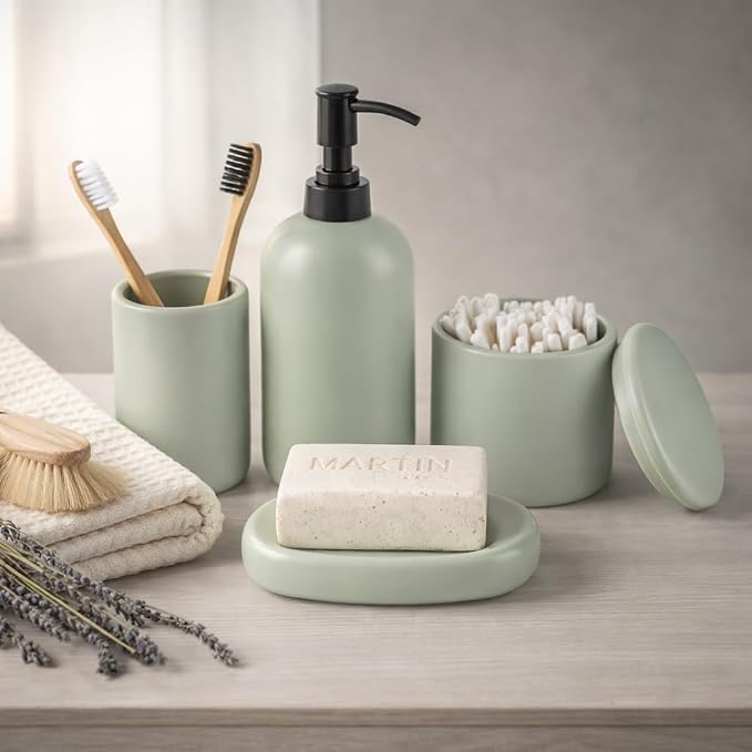 Ceramic Bathroom Accessories Set 4 Pcs – Modern Scandinavian Neutral Bathroom by AvaNord