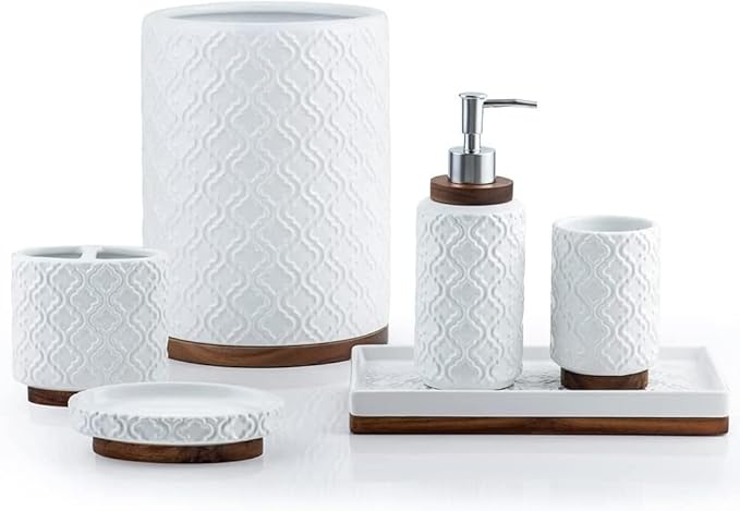 Bathroom Accessories Set 6 Pcs Ceramic Wooden Bathroom Set by RQYIXI