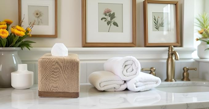Hymmah Wooden Texture Square Tissue Box Cover Cube Tissue Holder Unique Design - Image 3
