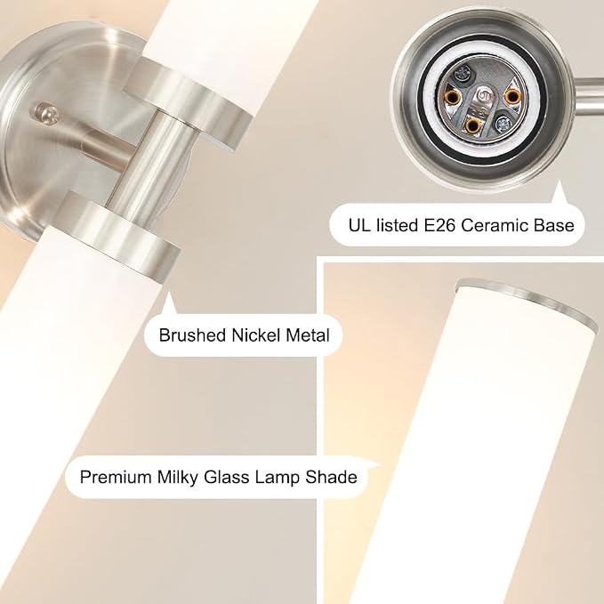 Brushed Nickel Wall Sconces Set of 2, Modern Bathroom Vanity Lights - Image 6