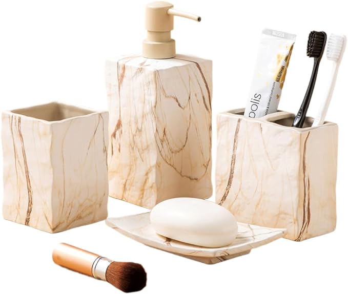 Bathroom Accessories Set 4 Pieces Toothbrush Holder Soap Dispenser Ceramic by RQYIXI