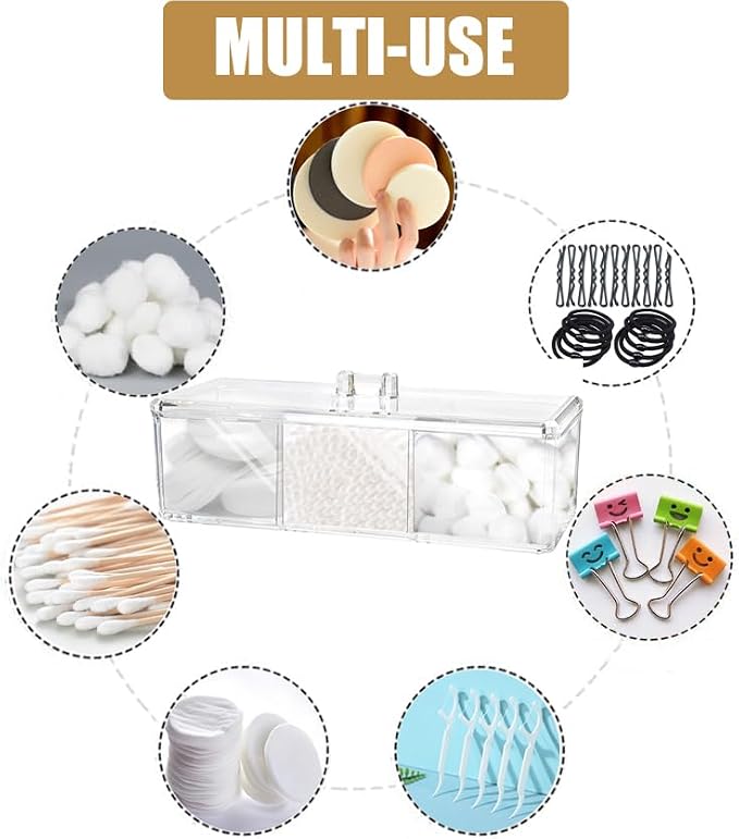 Qtip Holder Dispenser for Cotton Balls, Floss Picks, 3 Compartments Clear - Image 4