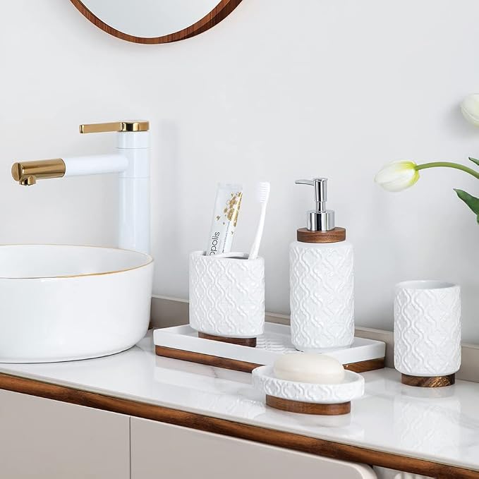 Bathroom Accessories Set 6 Pcs Ceramic Wooden Bathroom Set - Image 6