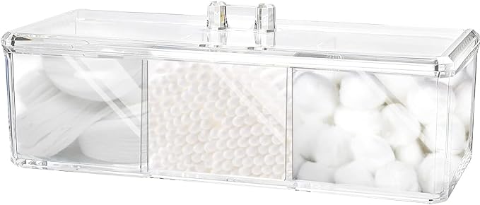 Qtip Holder Dispenser for Cotton Balls, Floss Picks, 3 Compartments Clear by Anberky