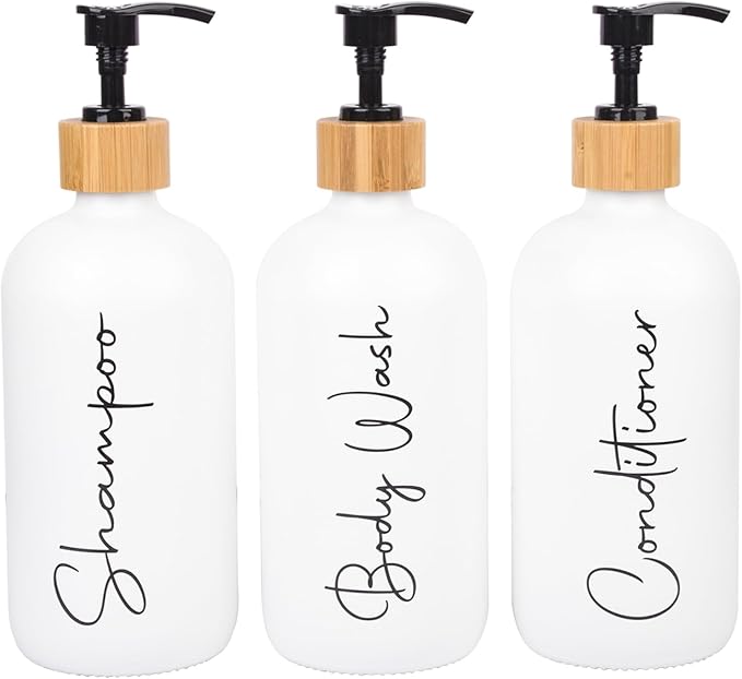 Glass Shampoo and Conditioner Pump Bottles Soap Dispenser Bamboo Pump Head by UUJOLY