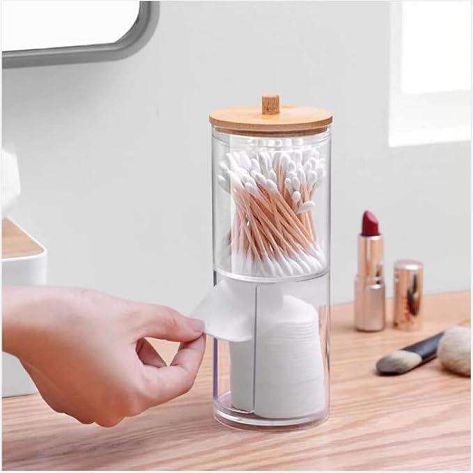 Qtip Holder Dispenser with Cotton Pads Jar Set Bamboo Lid Stackable Bathroom - Image 4