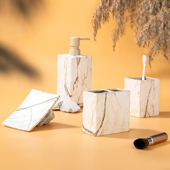 Bathroom Accessories Set 4 Pieces Toothbrush Holder Soap Dispenser Ceramic - Image 6
