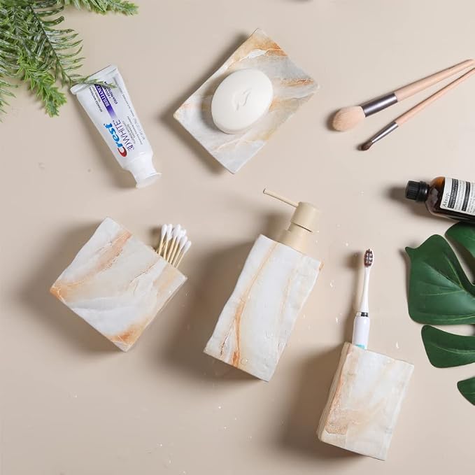 Bathroom Accessories Set 4 Pcs Marble Look Sets Toothbrush Holder Soap - Image 3