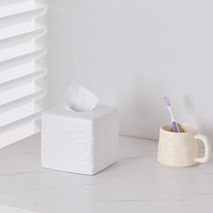 White Ceramic Rose Tissue Box Cover, Carved Flowers Large Square Tissue Box - Image 6