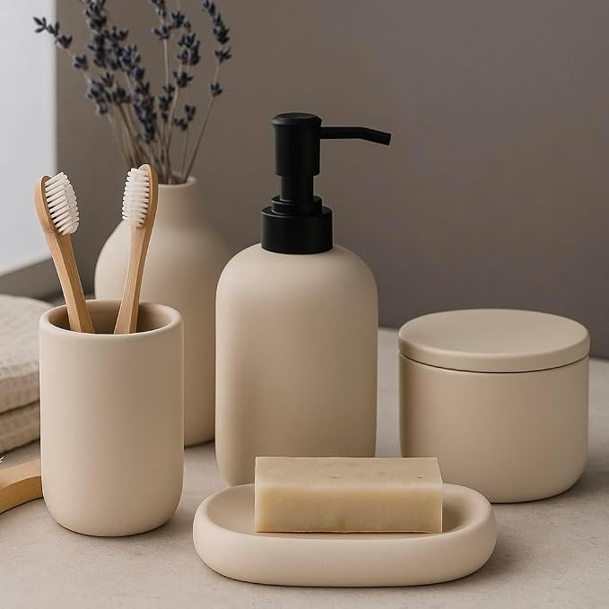 Ceramic Bathroom Accessories Set 4 Pcs – Modern Scandinavian Neutral Bathroom - Image 9