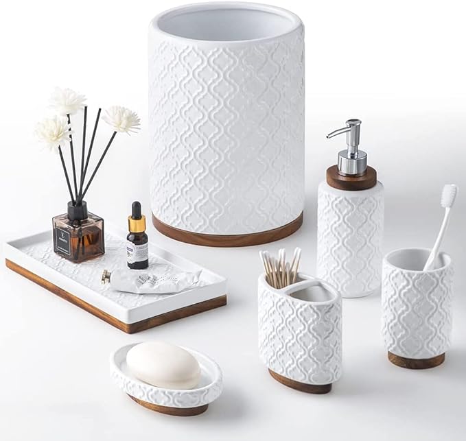 Elegant Bathroom Accessories Set 6 PCS Ceramic and Wood Bathroom Accessory Set by RQYIXI