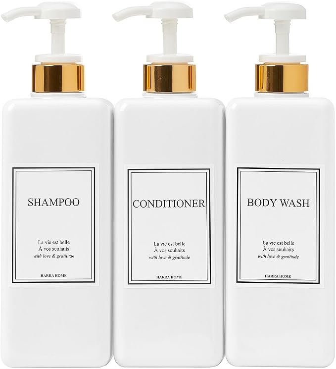 Modern Gold Design Shampoo and Conditioner Dispenser, Large 27oz Shower Soap by HARRA+HOME