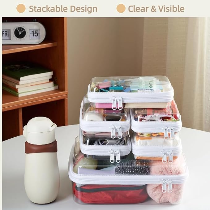 6 pcs Zipper Pouches, Hard Shell Toiletry Bag, Stackable Travel Organizer - Image 2