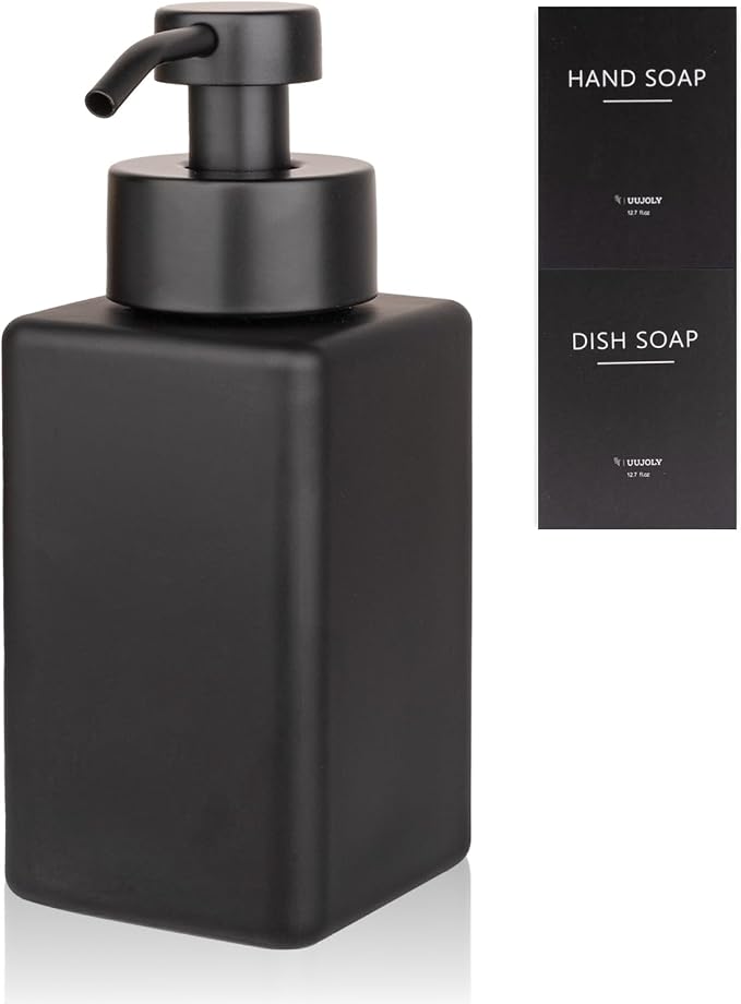 Foaming Soap Dispenser with Stainless Steel Pump, 12oz Refillable Glass Liquid by UUJOLY