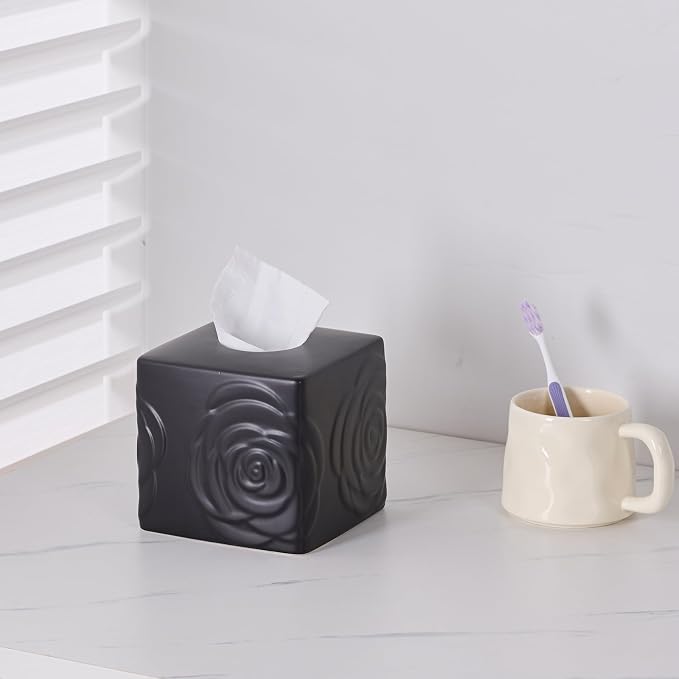 Black Ceramic Rose Tissue Box Cover, Carved Flowers Large Square Tissue Box - Image 4