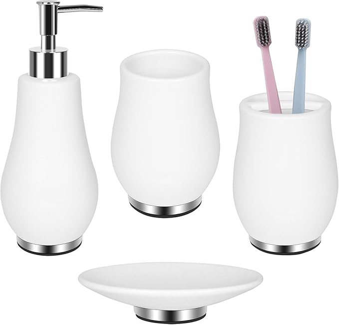 Bathroom Accessories Set 4 Pcs Toothbrush Holder Soap Dispenser Ceramic by RQYIXI