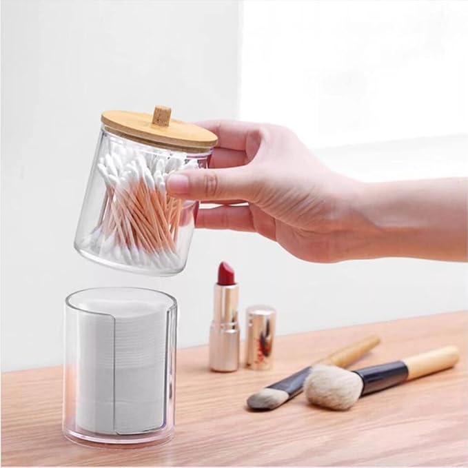 Qtip Holder Dispenser with Cotton Pads Jar Set Bamboo Lid Stackable Bathroom - Image 3
