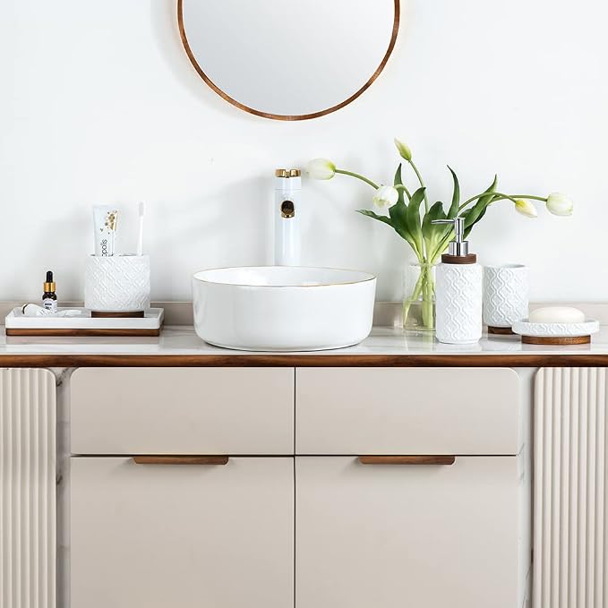 Bathroom Accessories Set 6 Pcs Ceramic Wooden Bathroom Set - Image 7