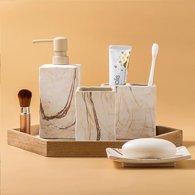 Bathroom Accessories Set 4 Pieces Toothbrush Holder Soap Dispenser Ceramic - Image 3