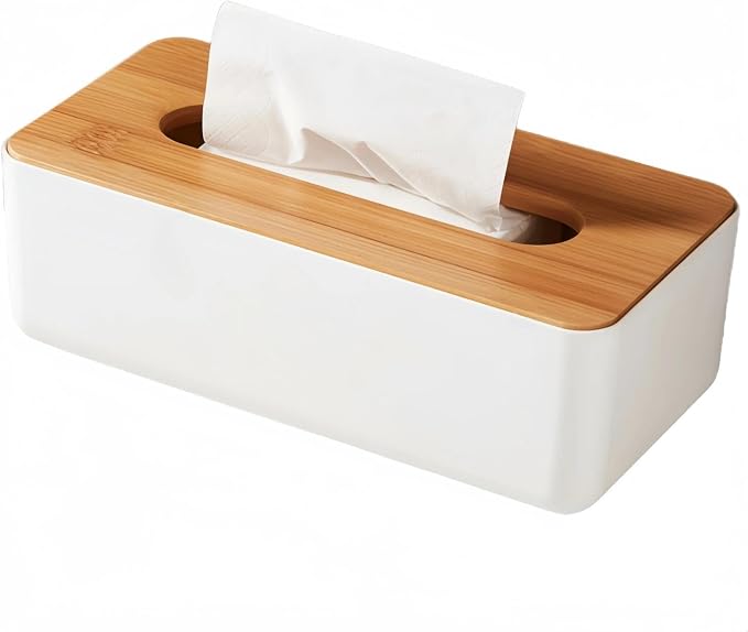 Tissue Box with Bamboo Cover, Plastic Tissue Organizer, Bathroom Tissue by YWHWXB