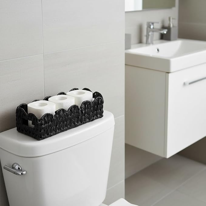 Black Toilet Basket, Scalloped Wicker Basket - Image 2