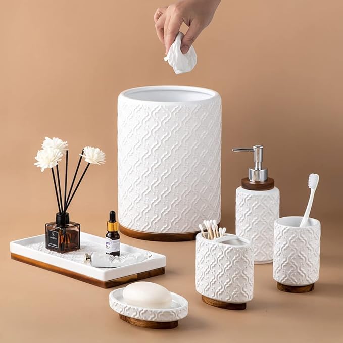 Elegant Bathroom Accessories Set 6 PCS Ceramic and Wood Bathroom Accessory Set - Image 6