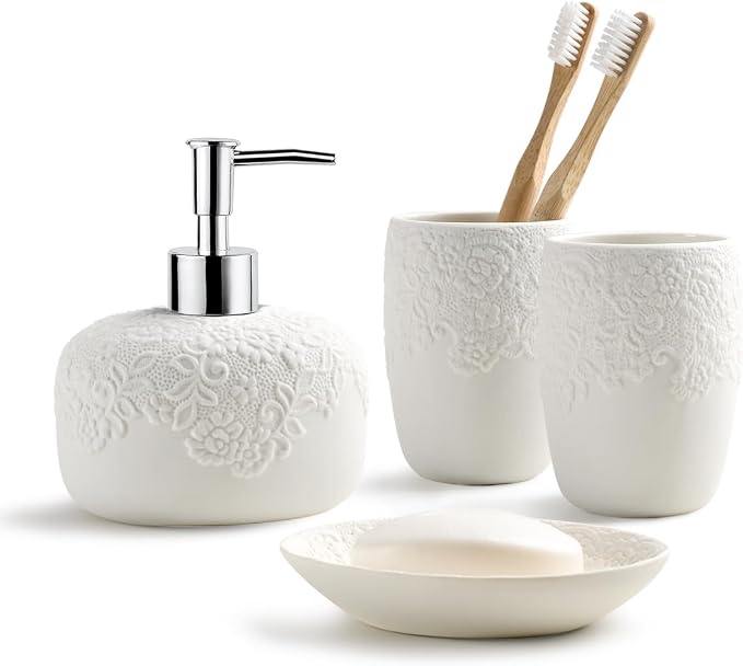 Bathroom Accessories Set with Embossed Design 4PCS, Ceramic White Bathroom by ANTISSHOME