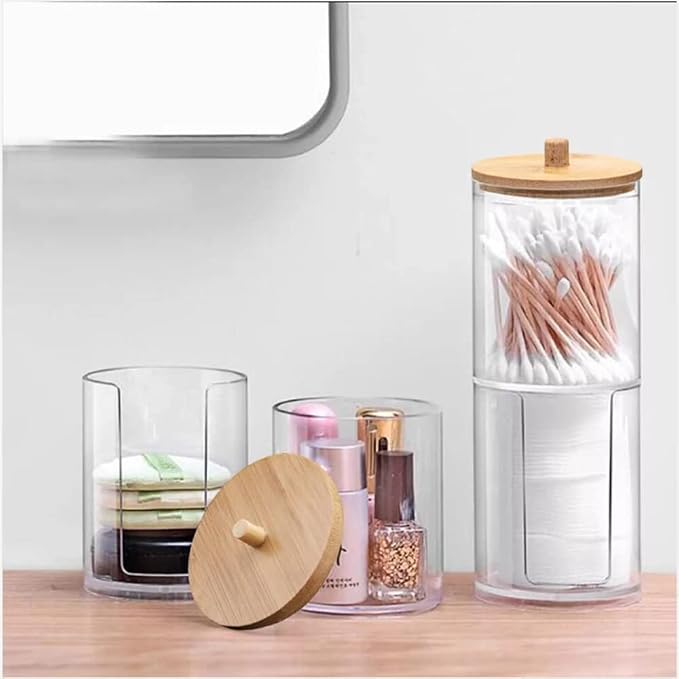 Qtip Holder Dispenser with Cotton Pads Jar Set Bamboo Lid Stackable Bathroom - Image 7