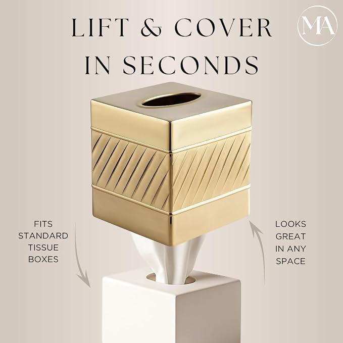 Monarch Abode Tissue Box Cover Square – Handcrafted Wave Embossed Brushed Gold - Image 4