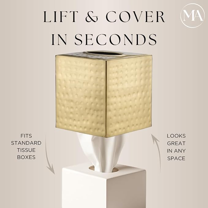 Monarch Abode Tissue Box Cover Square – Hand Hammered Brushed Gold Metal Tissue - Image 2