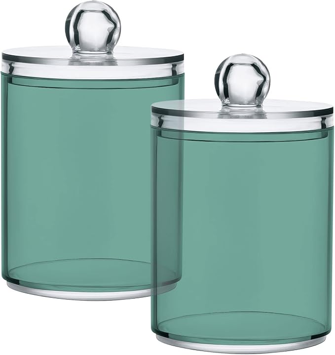 Teal Green Retro Qtip Holder Organizer Dispenser Cotton Swabs Cans Plastic Jars - Image 2