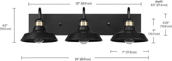 Globe Electric 63000199 24" 3-Light Vanity Light, Matte Black, Brass Accents - Image 4